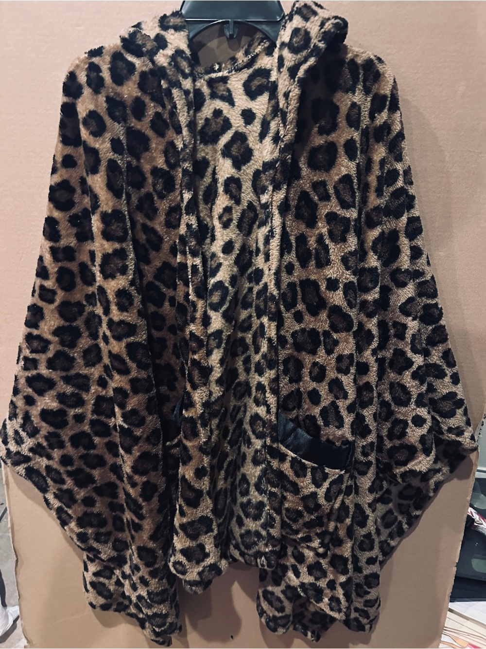 Leopard Print Hooded Faux Fur Cape - Brown